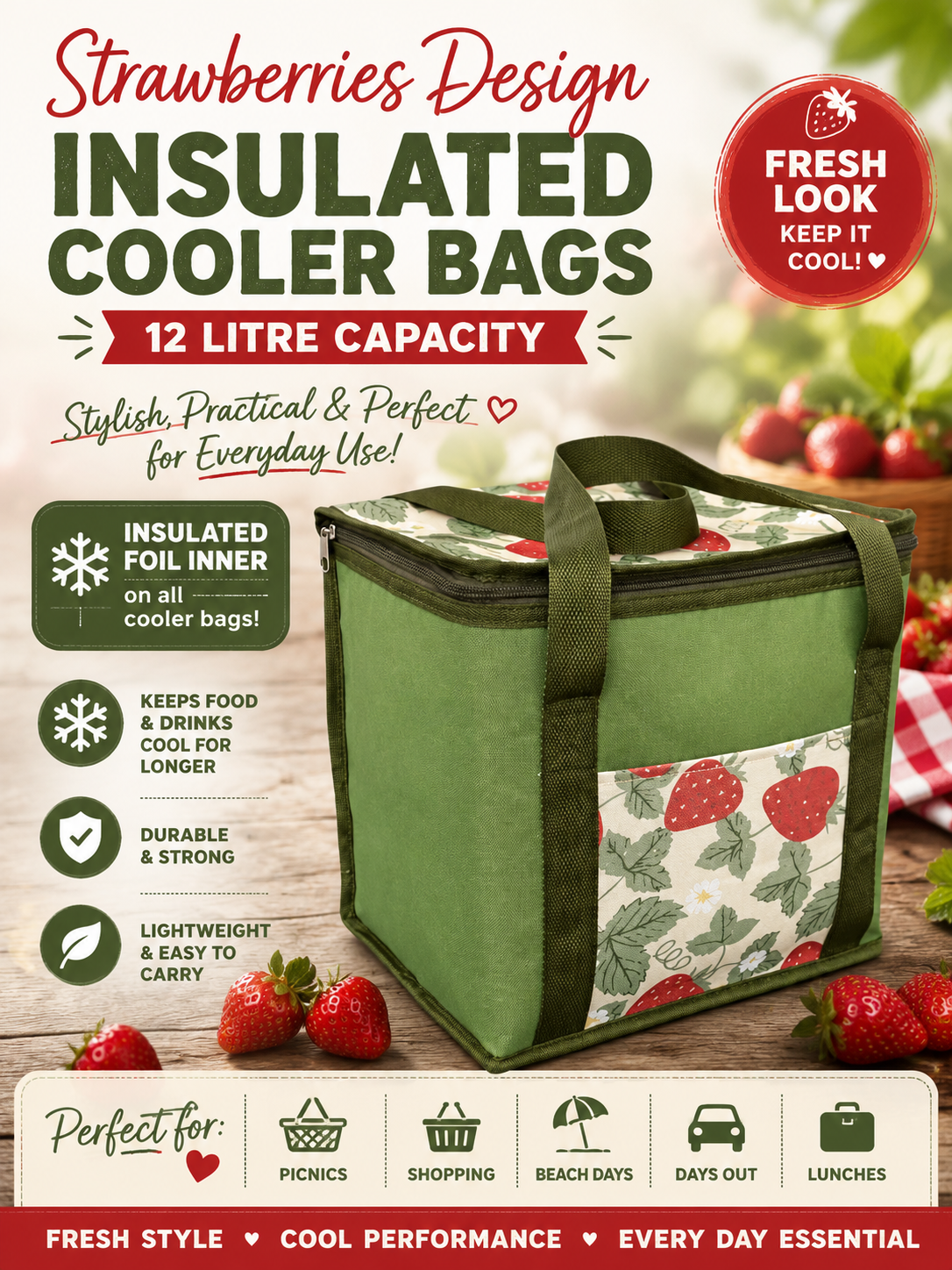 Strawberry Insulated Cooler Bag - 12 Litre Capacity