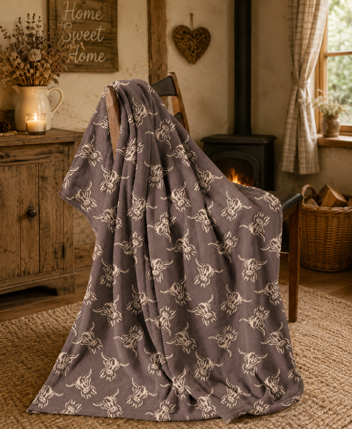 Highland Cow Design Fleece Blanket Throws 120x150cm - Mocha