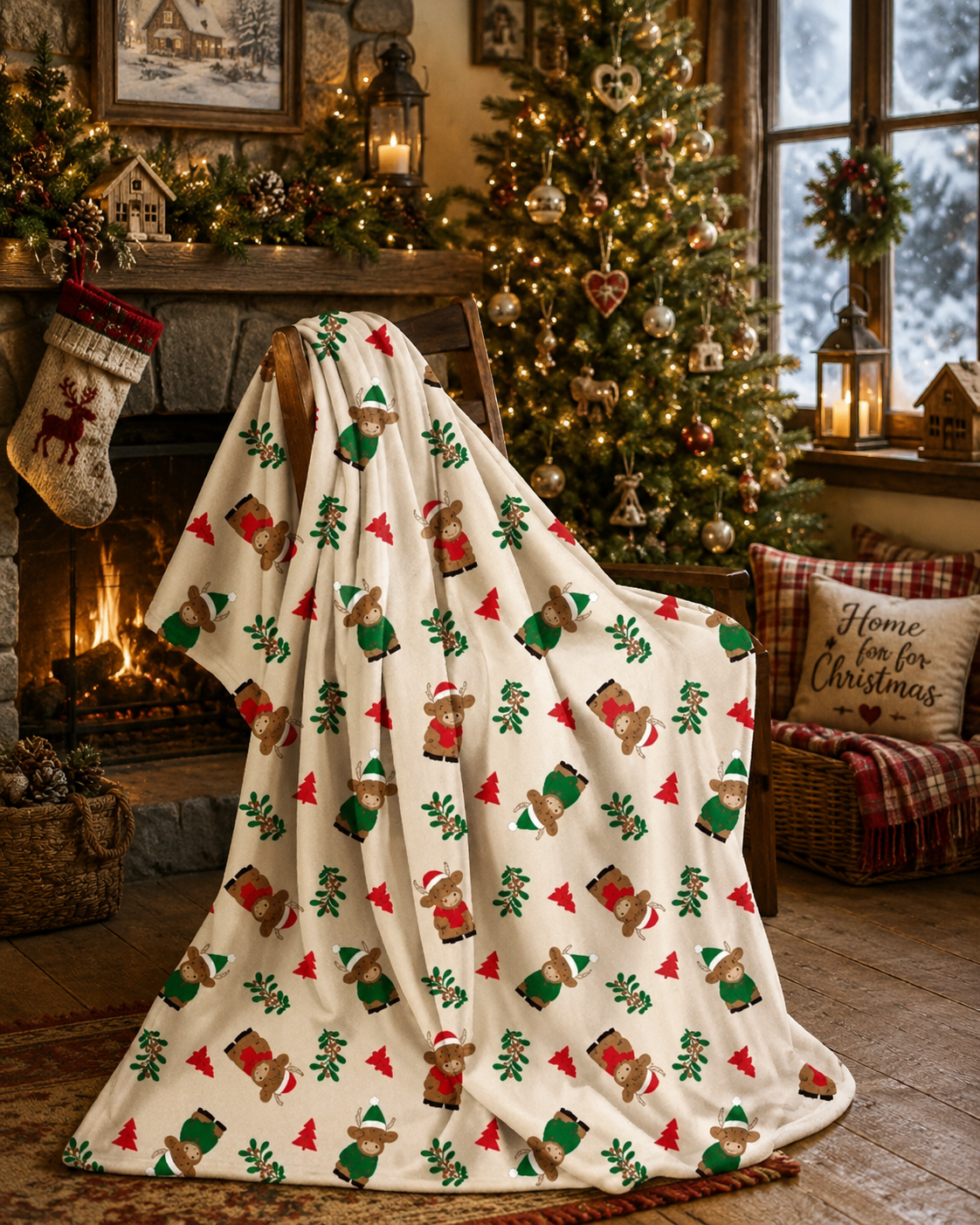 Christmas Kisses Highland Cow Fleece Blanket Throw – 120 x 150cm