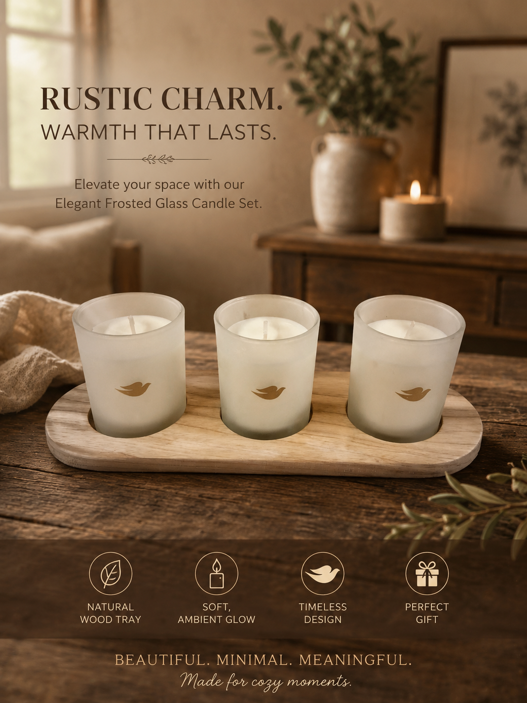 Rustic Charm Solid Ash Candle Holder Set – 3 Frosted Dove Candles (100g Each)