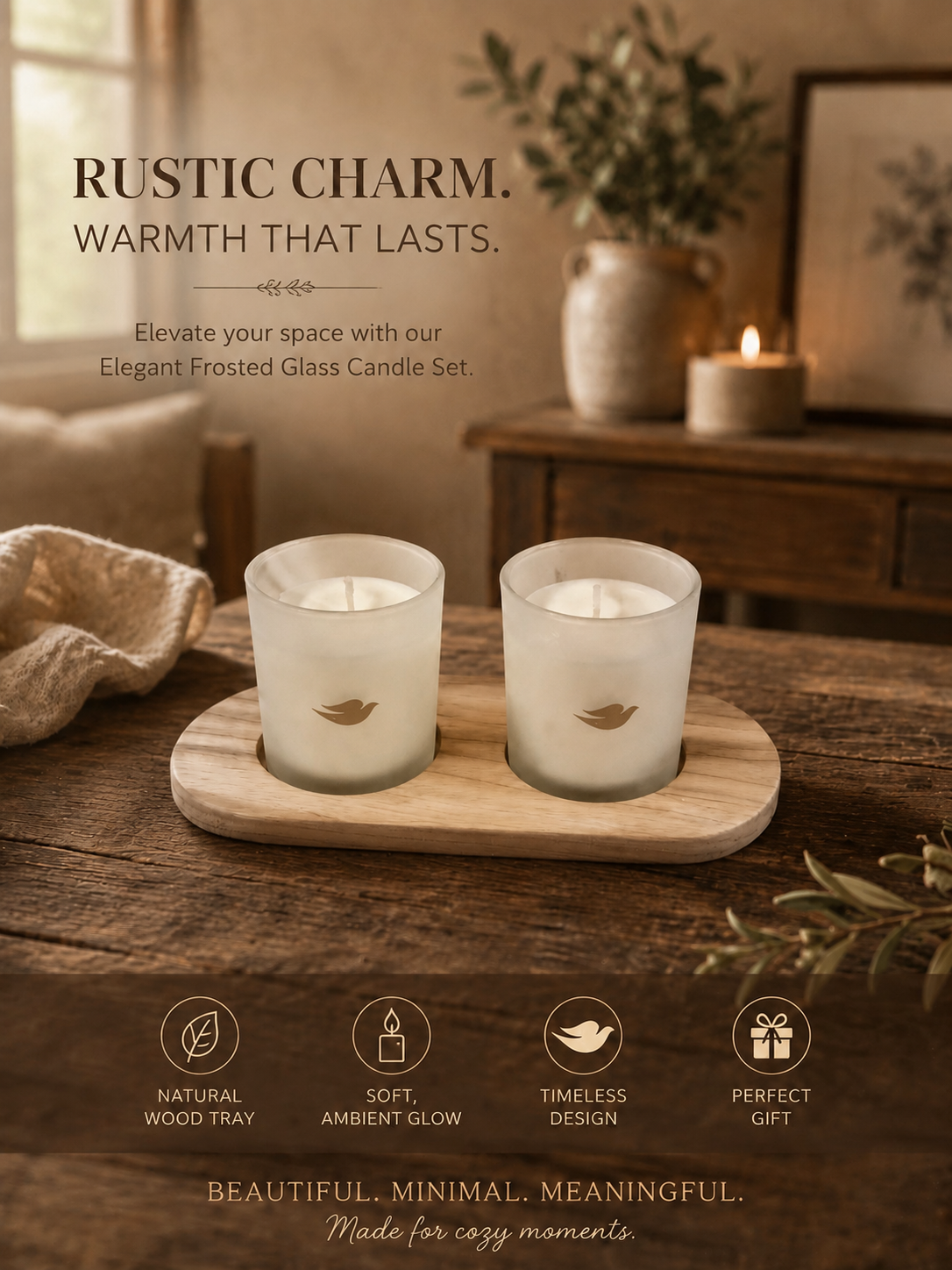 Rustic Charm Solid Ash Candle Holder Set – 2 Frosted Dove Candles (100g Each)