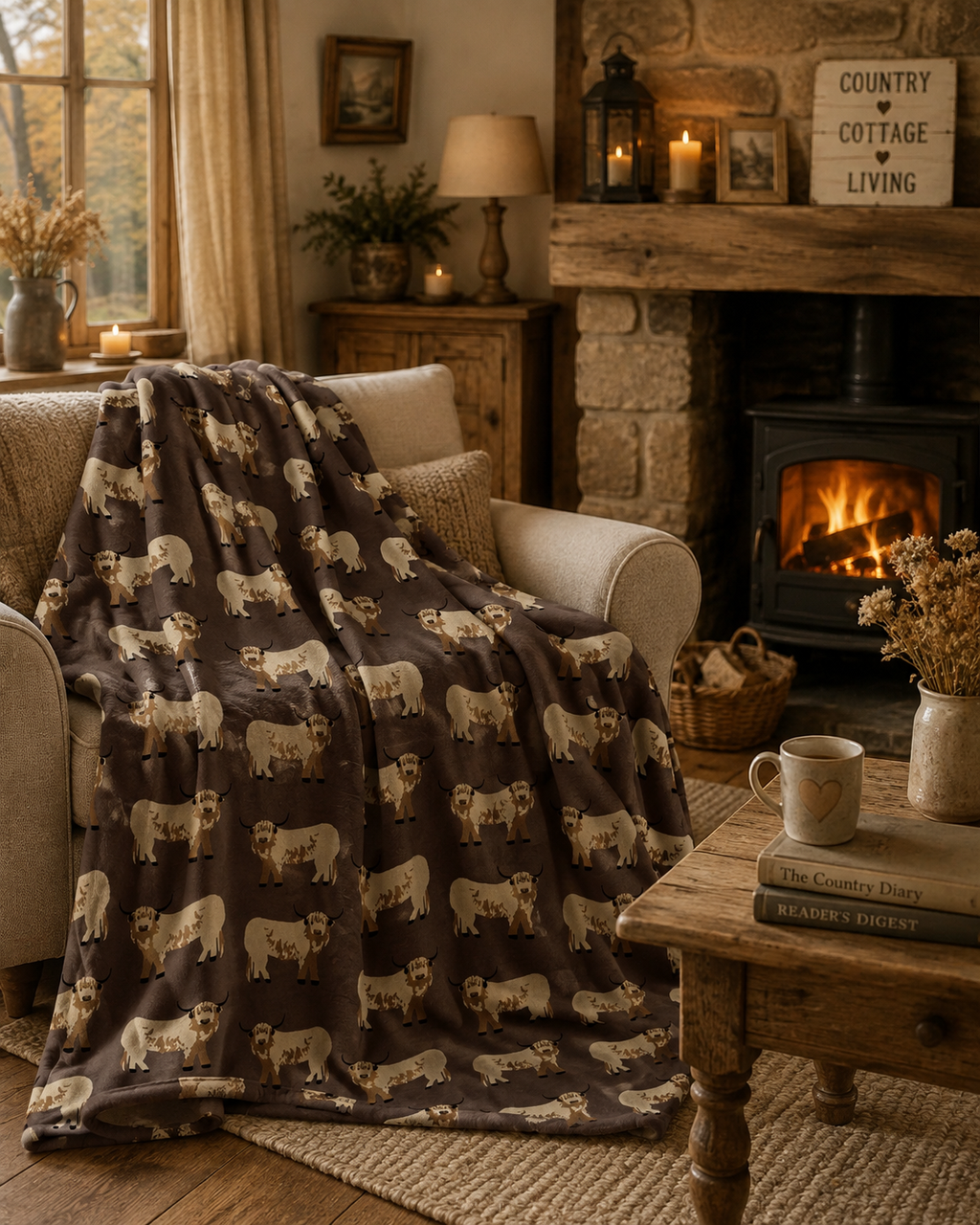Highland Cow Design Super Soft Flannel Blanket Throws 120x150cm - Mocha