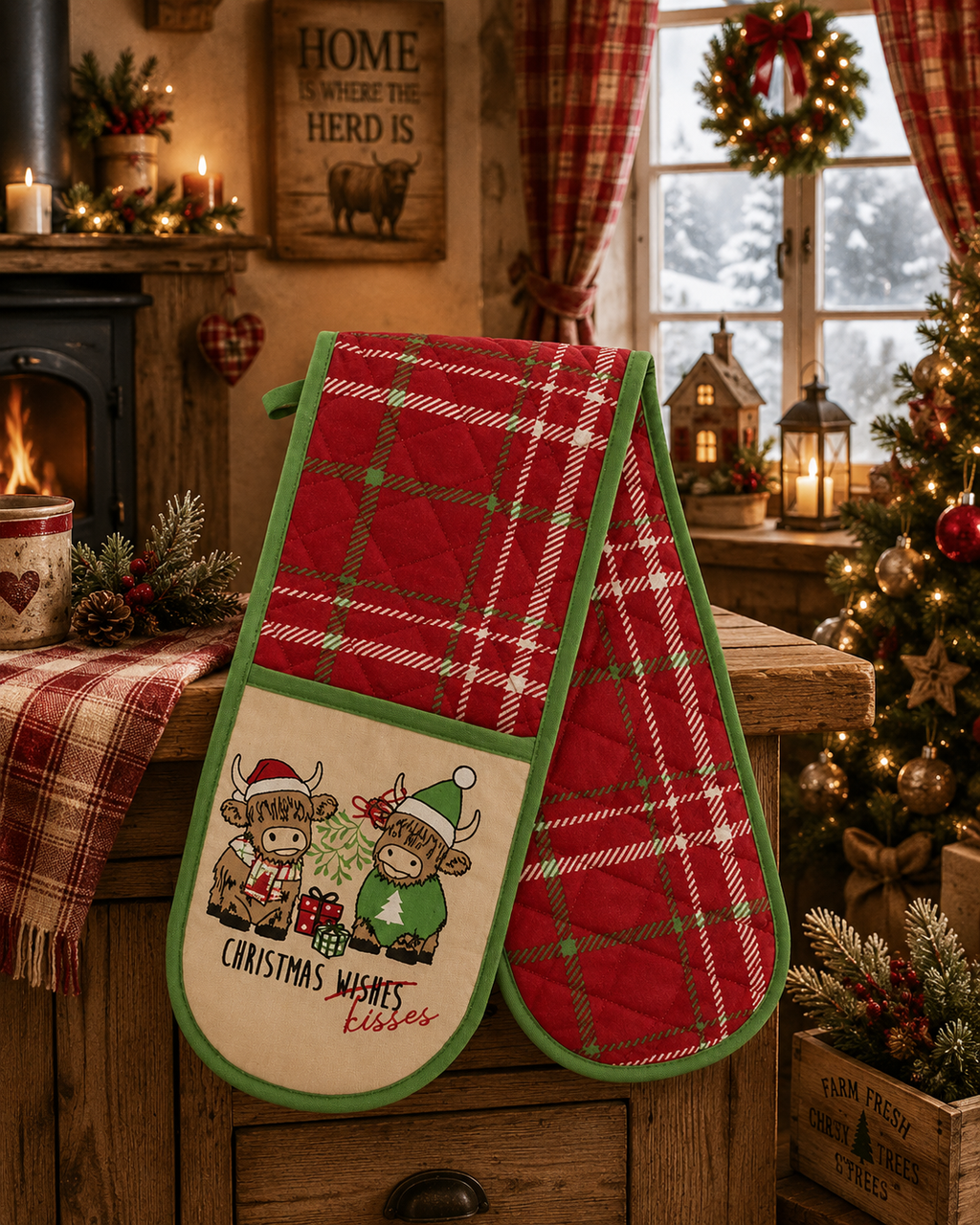 Christmas Kisses Highland Cow Double Oven Gloves