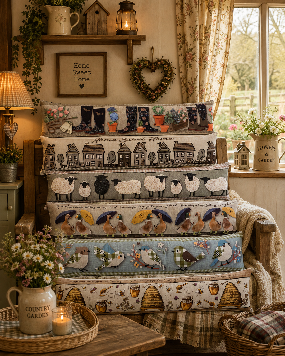 On Trend Modern Printed Plush Draught Excluders  - wellies, cottage, farmyard sheep, rainy ducks, woodland birds, honey bee
