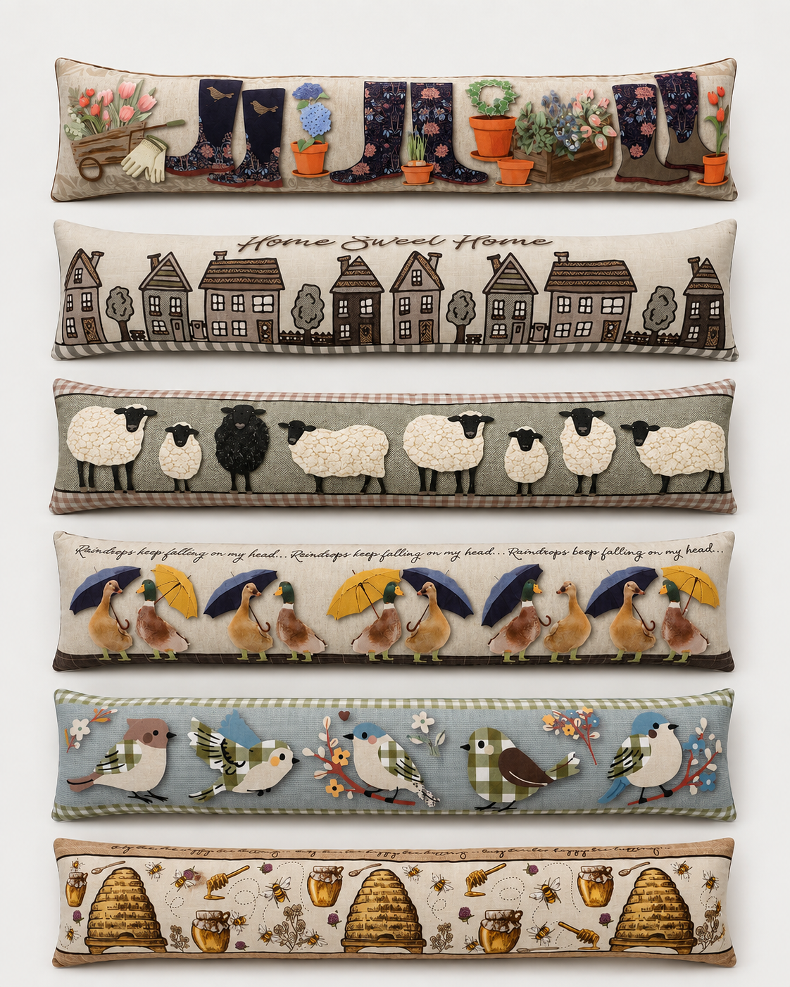On Trend Modern Printed Plush Draught Excluders  - wellies, cottage, farmyard sheep, rainy ducks, woodland birds, honey bee