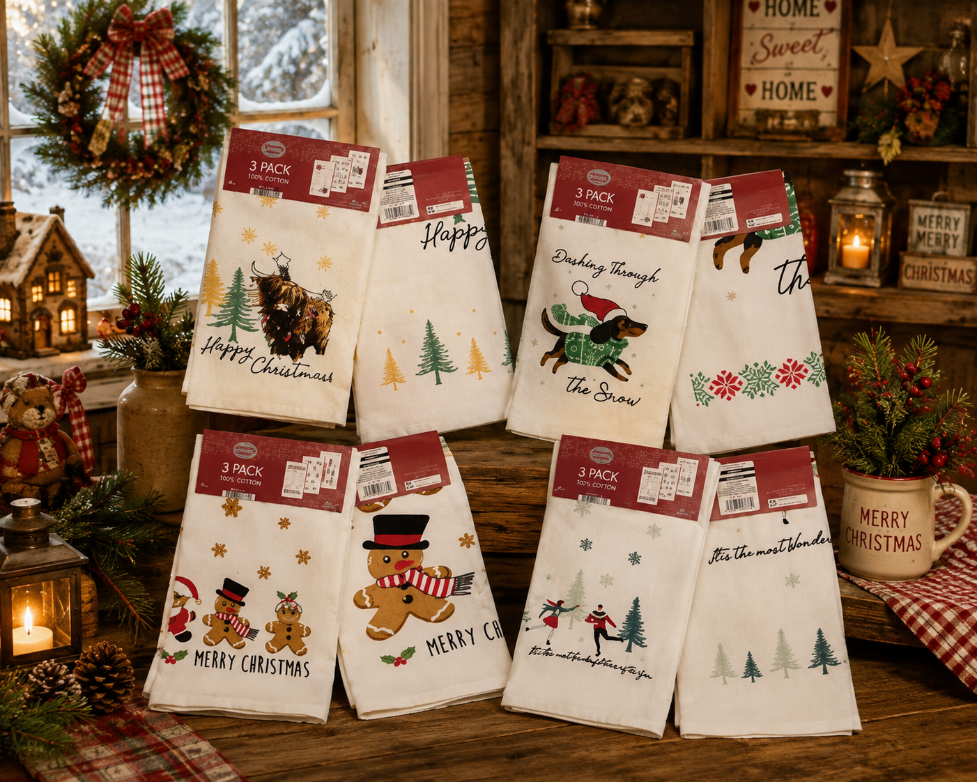 Christmas 3 Pack Velour Tea Towels – 100% Cotton - 4 designs
