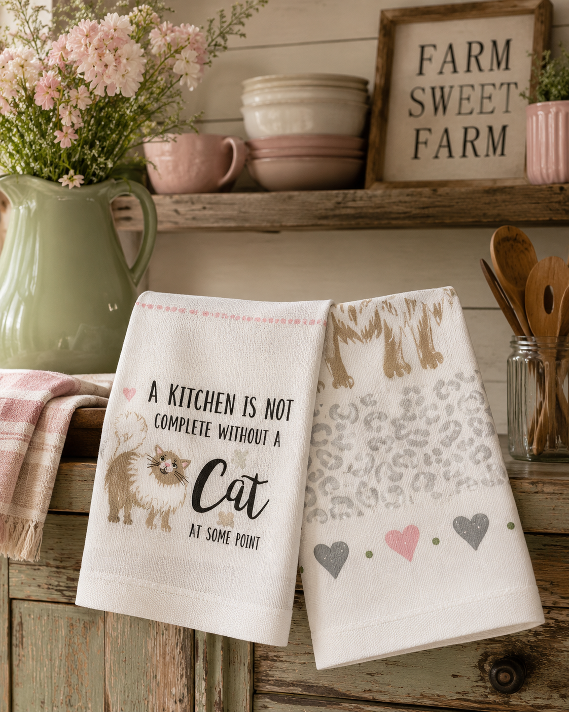 100% Cotton Cat Tea Towels – Set of 3 Country Club Kitchen Dish Towels, Absorbent Tea Towels, Cat Lover Gift