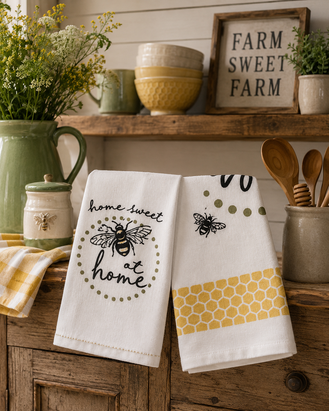 Country Club Collection Bee Print 100% Cotton Tea Towels – 3 Pack Farmhouse Kitchen Towels