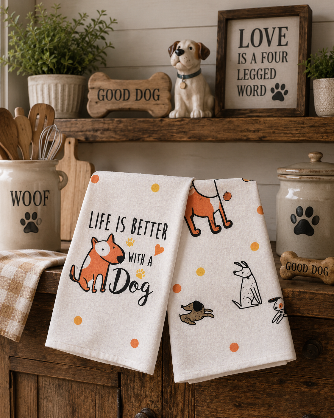 Country Club Collection Dog Print 100% Cotton Tea Towels – 3 Pack Farmhouse Kitchen Towels