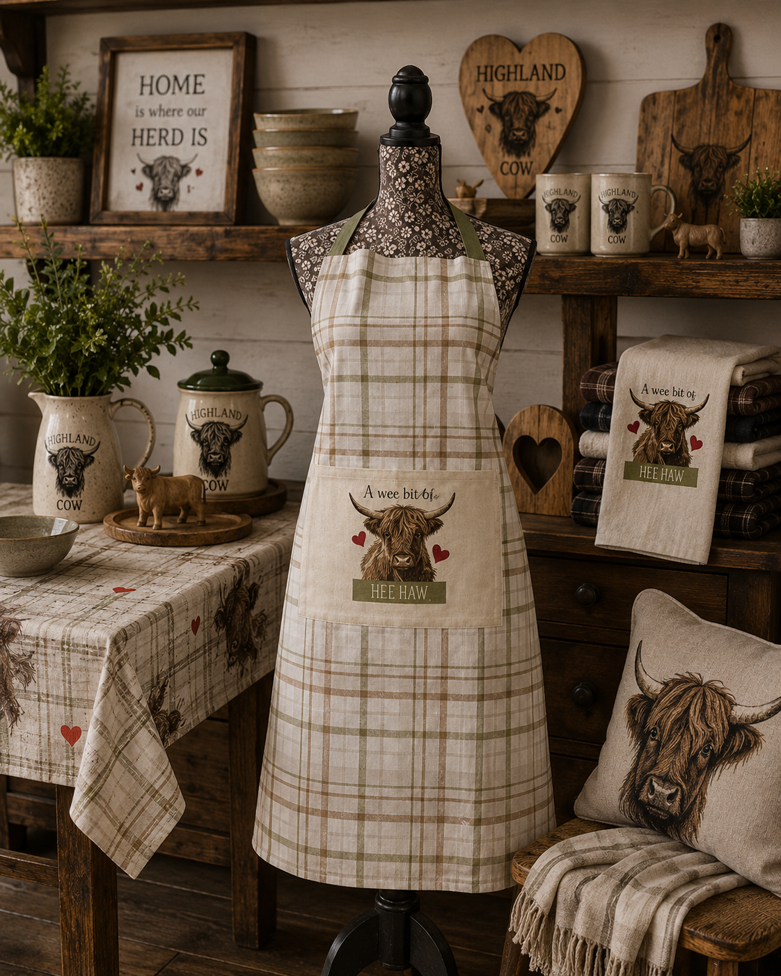 Country Club Range 100% Cotton Highland Cow Apron – Farmhouse Kitchen Cooking & Baking Apron | Adjustable Neck Strap
