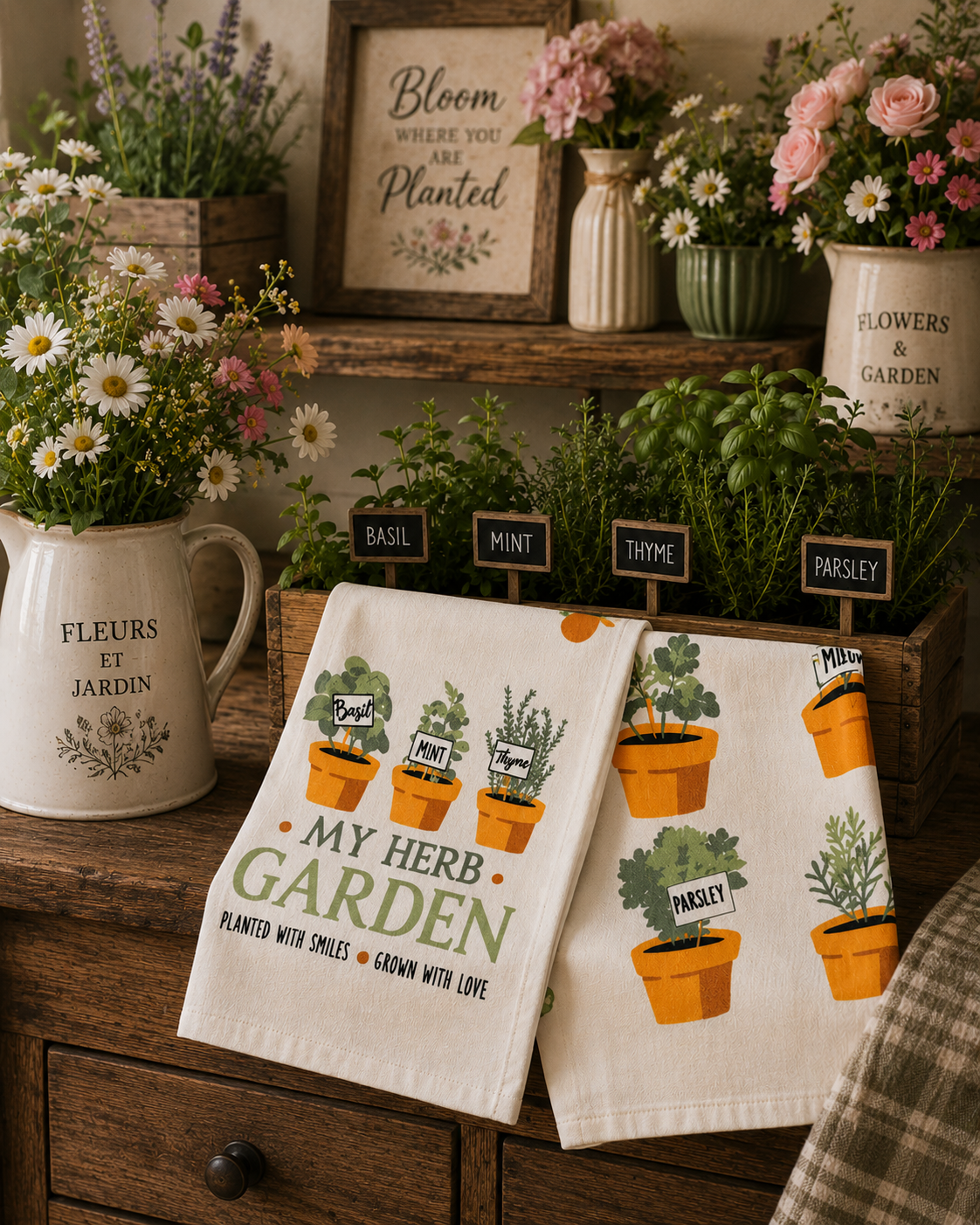 Country Club Range 100% Cotton Herb Garden Tea Towels – Pack of 3 | Farmhouse Kitchen Towels with Botanical Herb Design