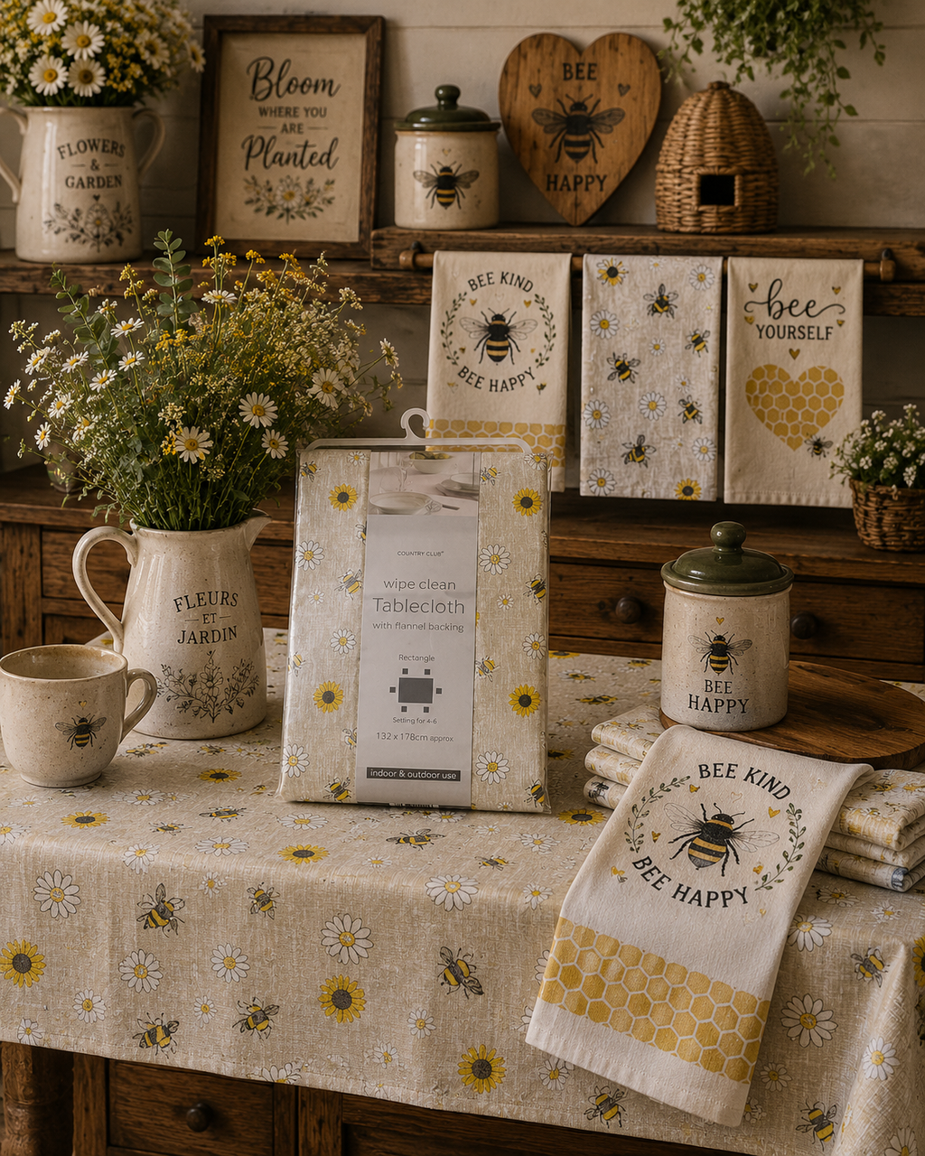 Country Club Range Wipe Clean Bee & Daisy Tablecloth with Flannel Backing – 132 x 178cm Rectangle | Indoor & Outdoor Table Cover