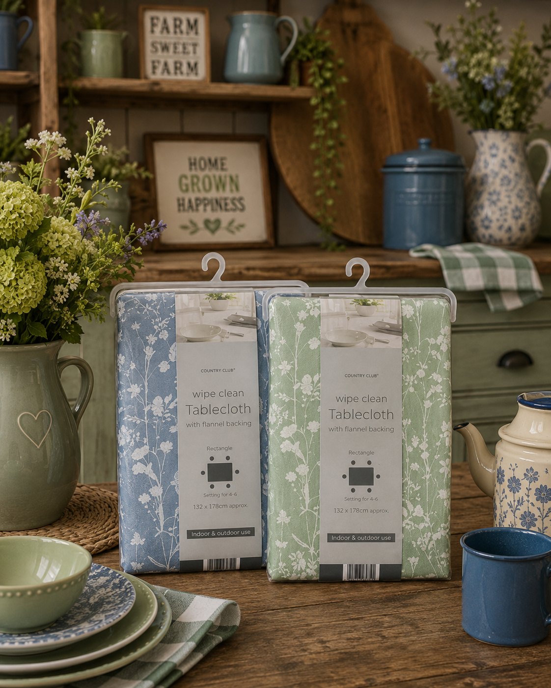Country Club Collection Botanical Wipe Clean Tablecloth – Flannel Backed Rectangular Table Cover – Blue or Sage Green – 132 x 178