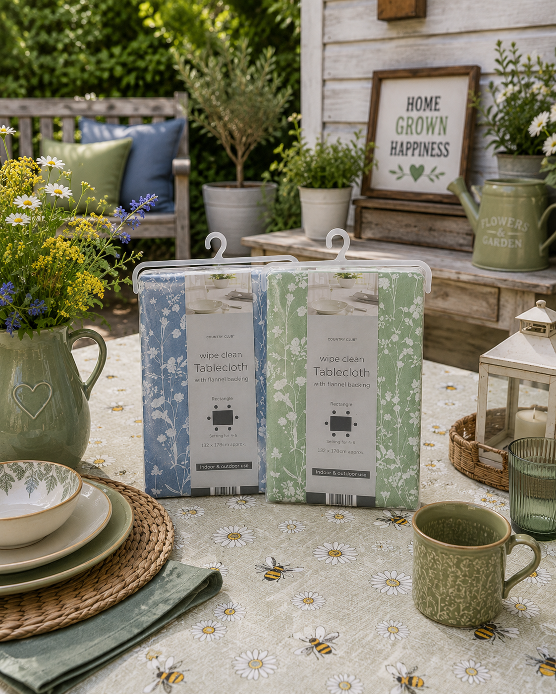 Country Club Collection Botanical Wipe Clean Tablecloth – Flannel Backed Rectangular Table Cover – Blue or Sage Green – 132 x 178