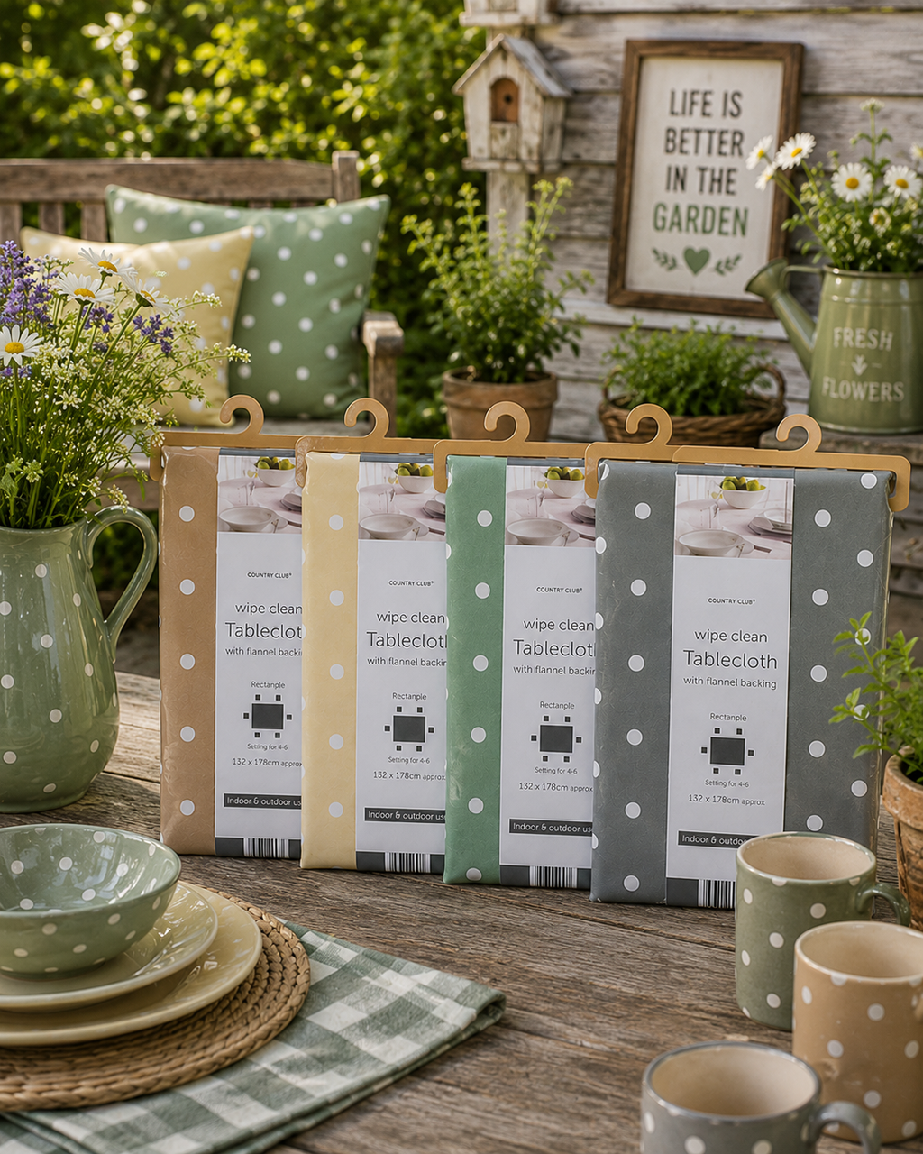 Country Club Collection Polka Dot Wipe Clean Tablecloth – Flannel Backed Rectangular Table Cover – Indoor & Outdoor Use – Assorted Colours