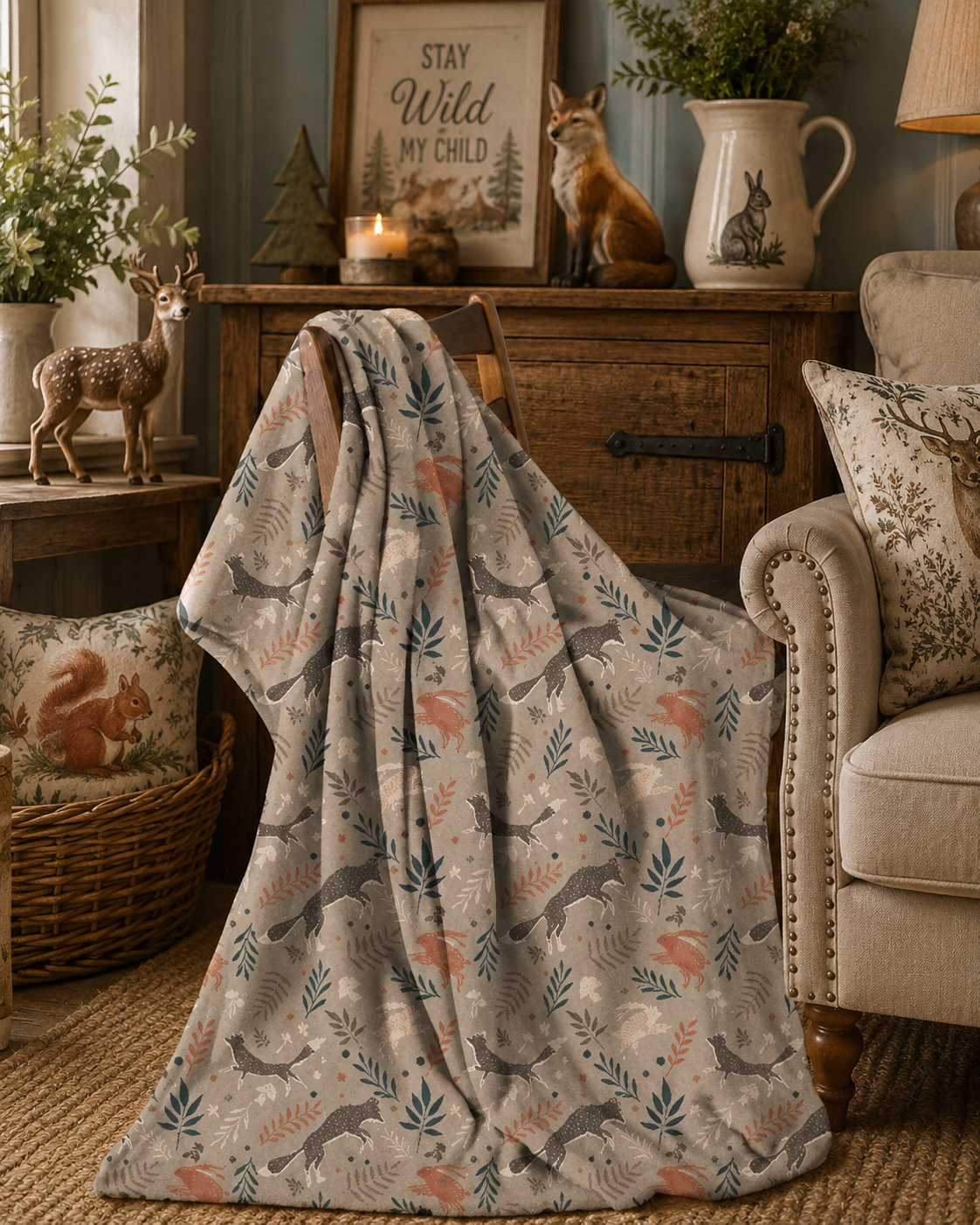 Woodland Creatures Super Soft Flannel Blanket Throw – 120 x 150cm – Cosy Forest Animal Fleece Throw