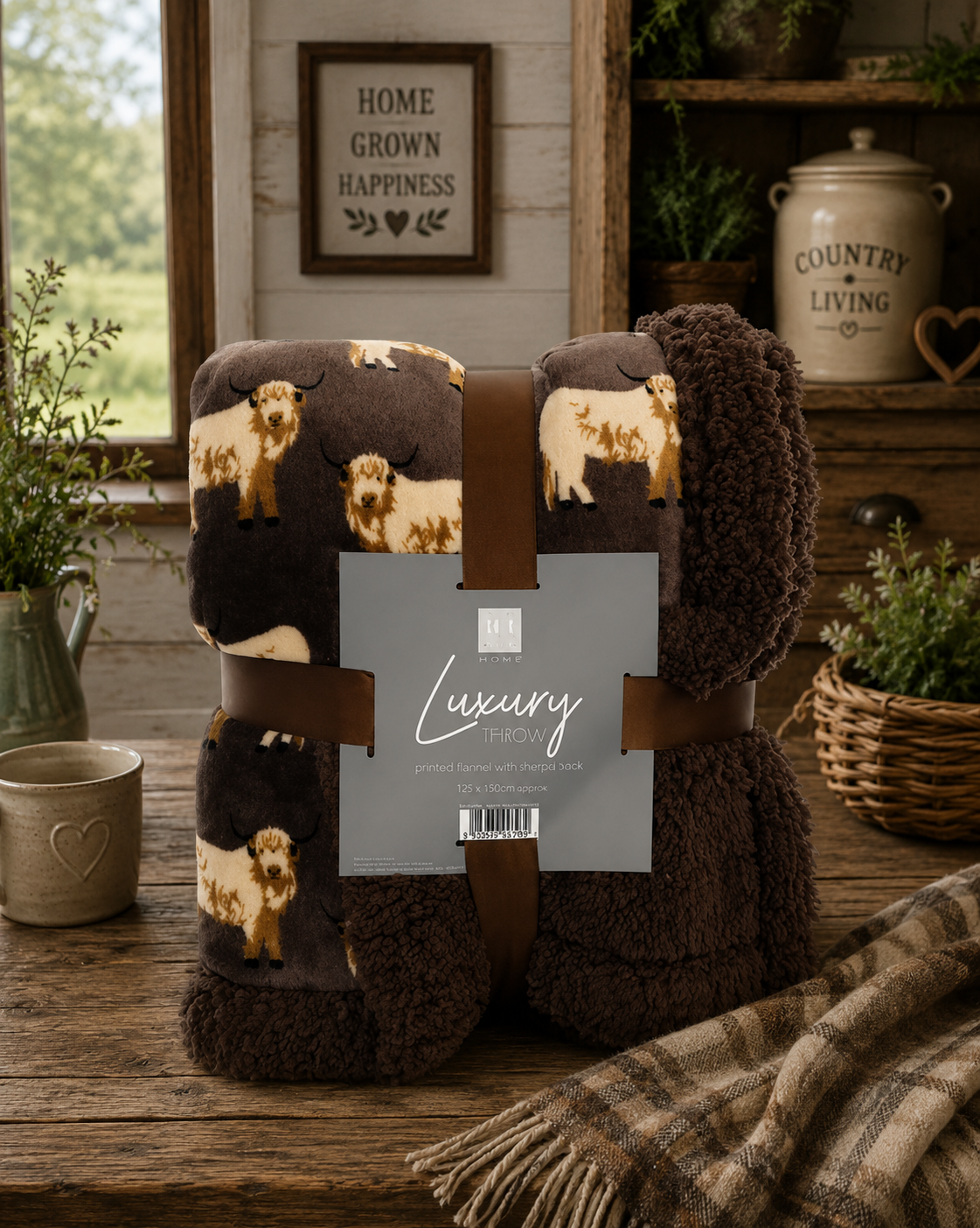 Highland Cow Luxury Flannel Throw with Sherpa Reverse – Mocha – 120 x 150cm – Super Soft Fleece Blanket