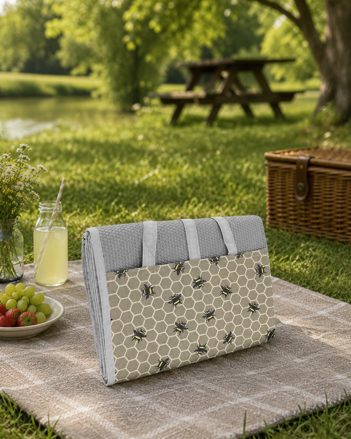 Country Club Busy Bee Beach & Picnic Mat – 90 x 180cm | Foldable Water-Resistant Outdoor Blanket with Carry Handles