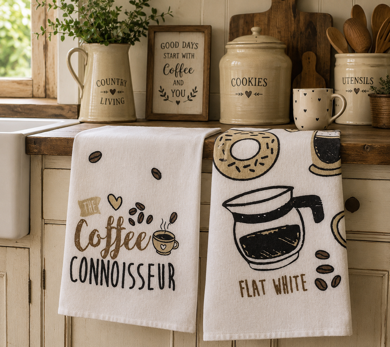 Country Club Collection Coffee Lover 100% Cotton Tea Towels – 3 Pack Kitchen Towels – Coffee Connoisseur Design