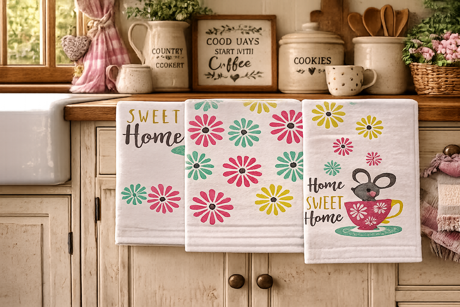 Country Club Collection Floral Mouse 100% Cotton Tea Towels – 3 Pack Kitchen Towels – Home Sweet Home Design