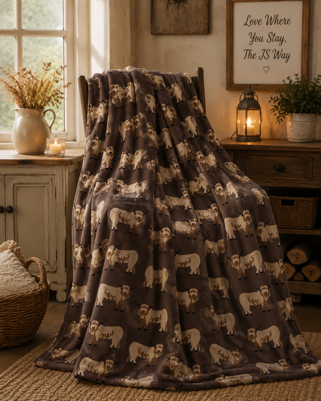Highland Cow Design Super Soft Flannel Blanket Throws 120x150cm - Mocha