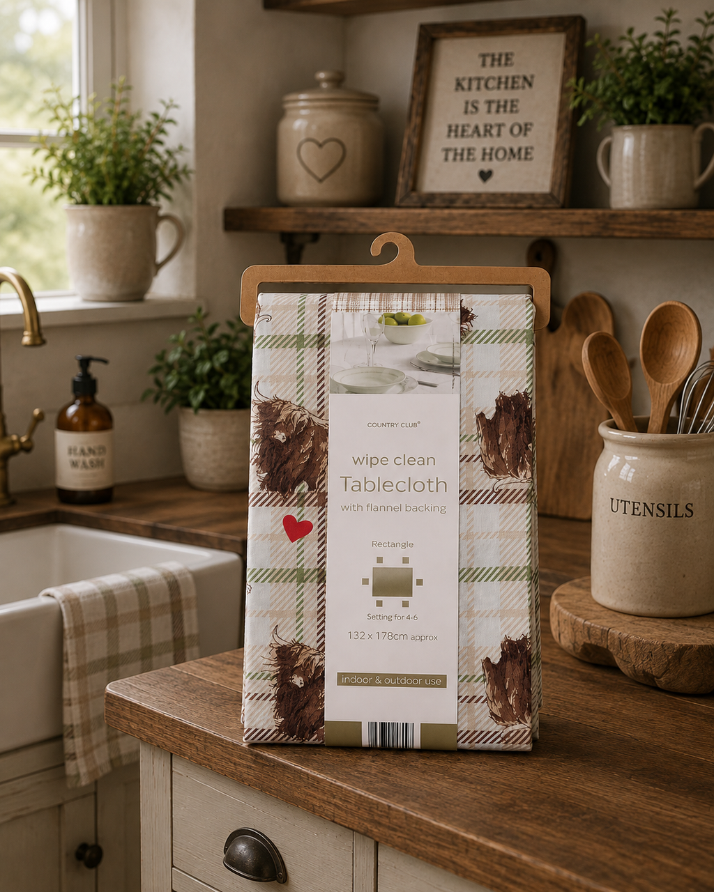 Country Club Collection Highland Cow Wipe Clean Tablecloth – Flannel Backed Rectangular Table Cover 132 x 178cm