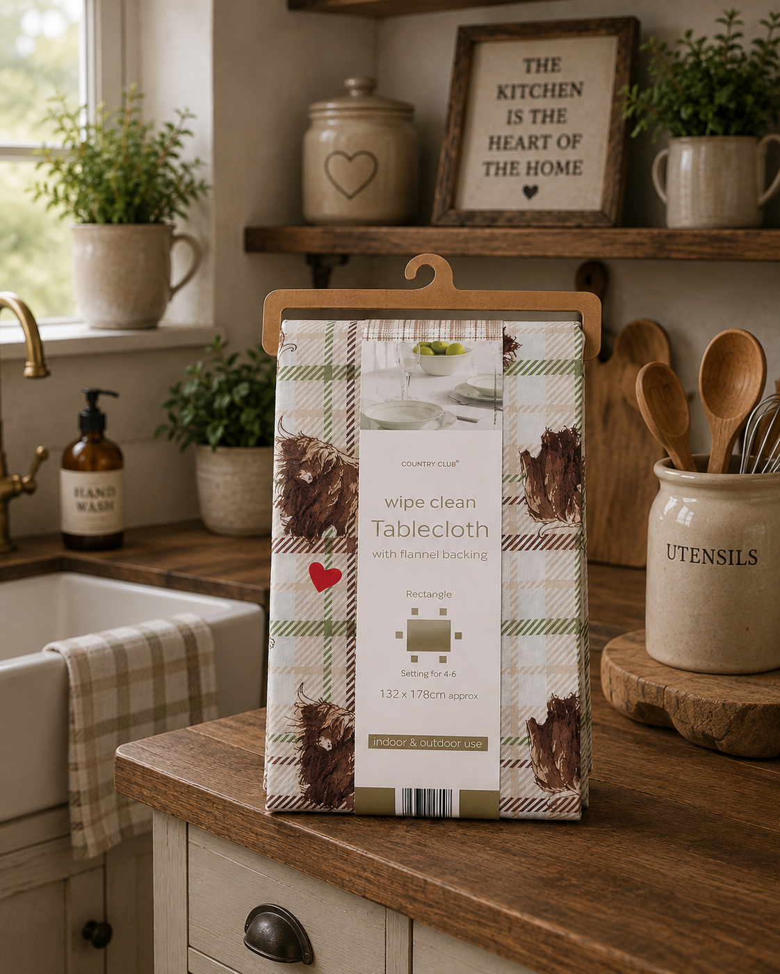 Country Club Collection Highland Cow Wipe Clean Tablecloth – Flannel Backed Rectangular Table Cover 132 x 178cm