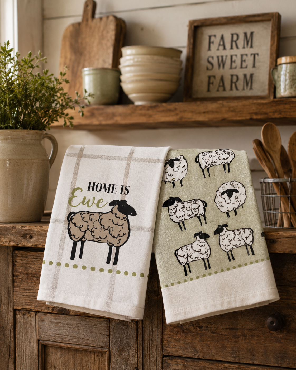 100% Cotton Tea Towels – Pack of 3 Sheep Print Kitchen Towels | Farmhouse Dish Towels | Absorbent Tea Towels