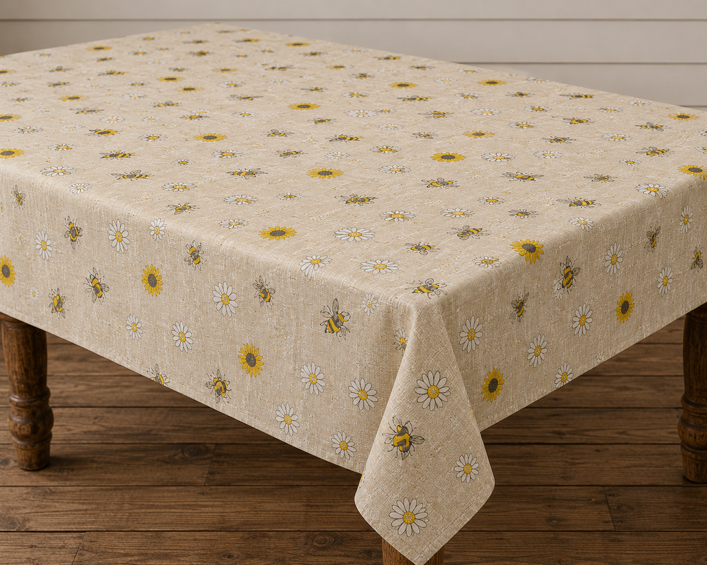 Country Club Range Wipe Clean Bee & Daisy Tablecloth with Flannel Backing – 132 x 178cm Rectangle | Indoor & Outdoor Table Cover