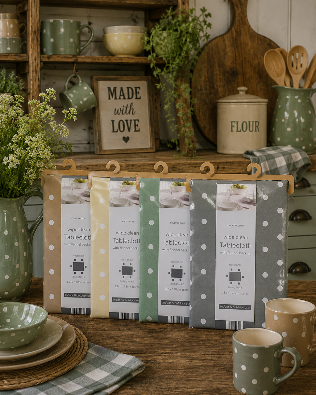 Country Club Collection Polka Dot Wipe Clean Tablecloth – Flannel Backed Rectangular Table Cover – Indoor & Outdoor Use – Assorted Colours