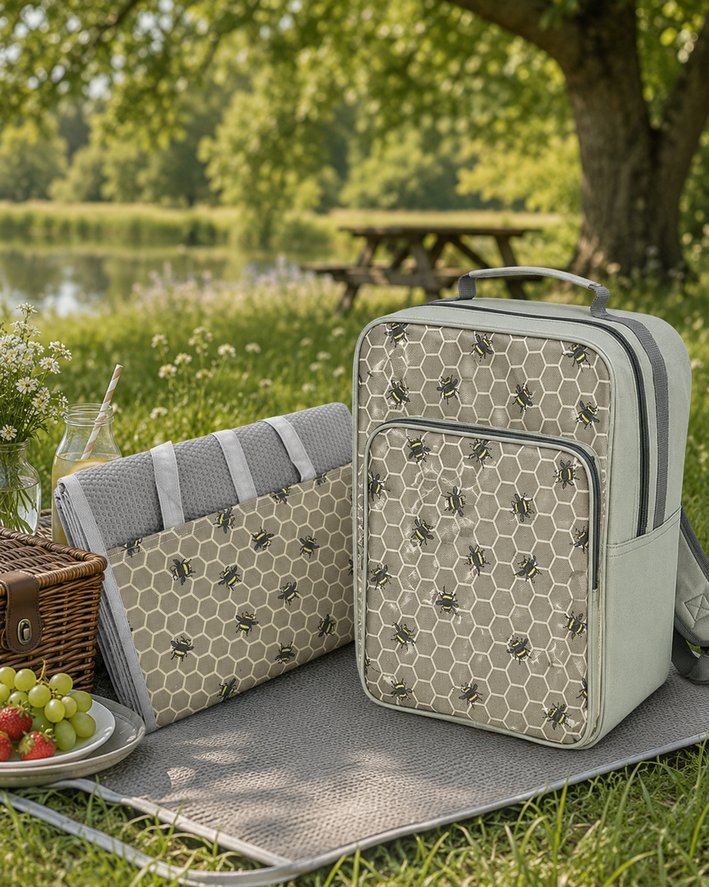 Country Club Busy Bee Beach & Picnic Mat – 90 x 180cm | Foldable Water-Resistant Outdoor Blanket with Carry Handles