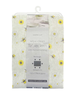 Country Club Range Wipe Clean Bee & Daisy Tablecloth with Flannel Backing – 132 x 178cm Rectangle | Indoor & Outdoor Table Cover