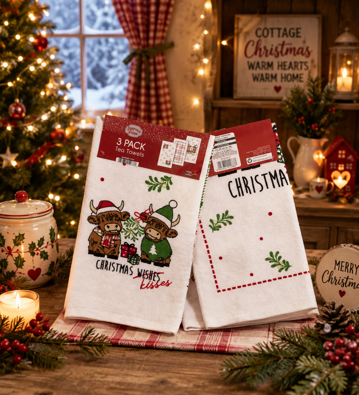 Christmas Kisses Highland Cow – 3 Pack 100% Cotton Velour Tea Towels
