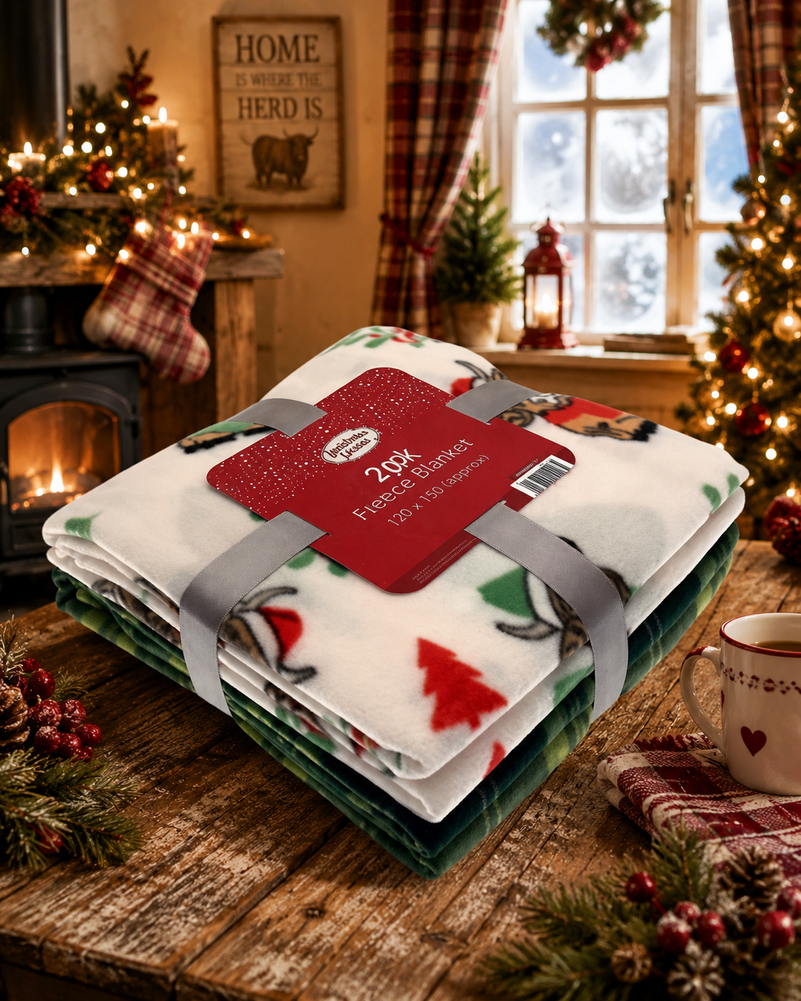 Pack of 2 Christmas Kisses Highland Cow Fleece Throws – 120 x 150cm