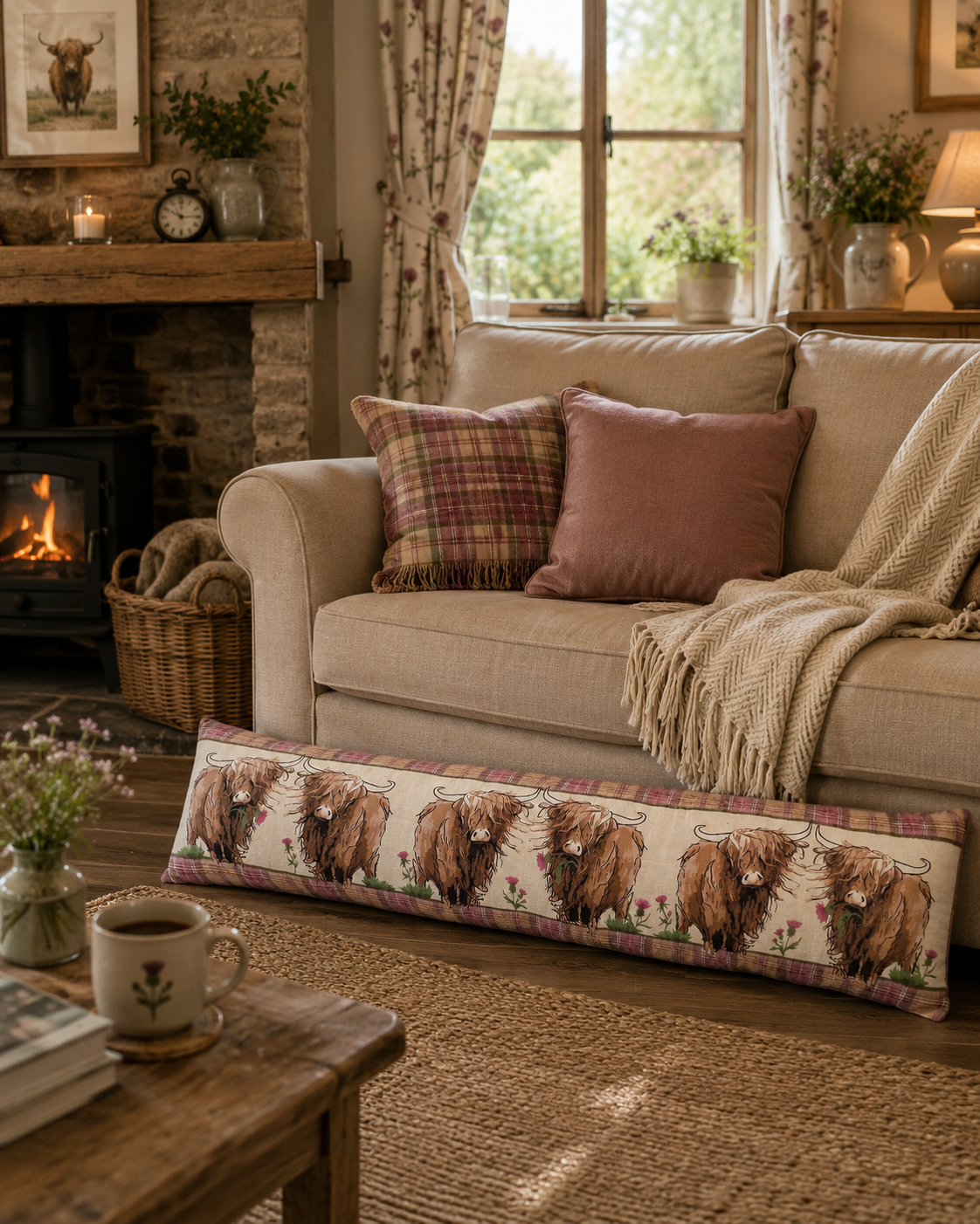 Highland Cow Printed Plush Draught Excluder – 90 x 20cm