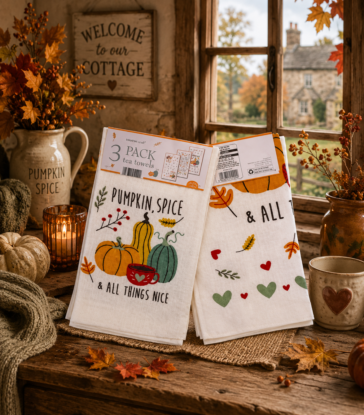 Pumpkin Spice Autumnal Design 100% Cotton 3 Pack Velour Tea Towels