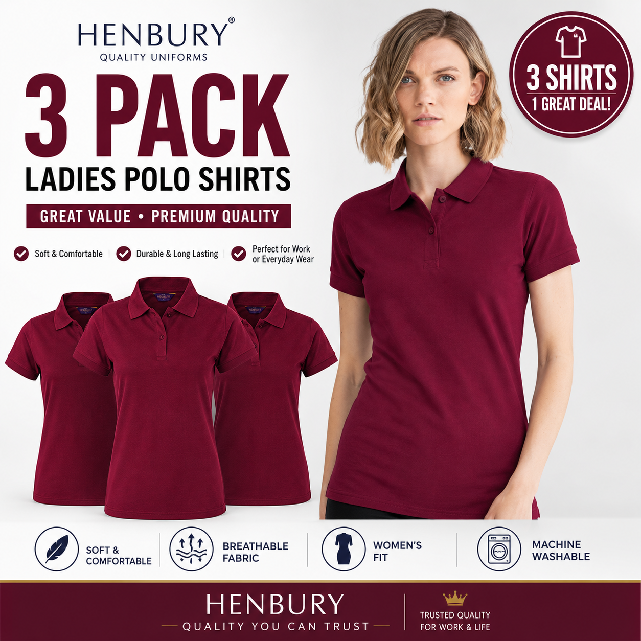 Henbury Ladies Polo Shirts – 3 Pack | Premium Cotton Blend Workwear & Casual Polo Tops | Burgundy