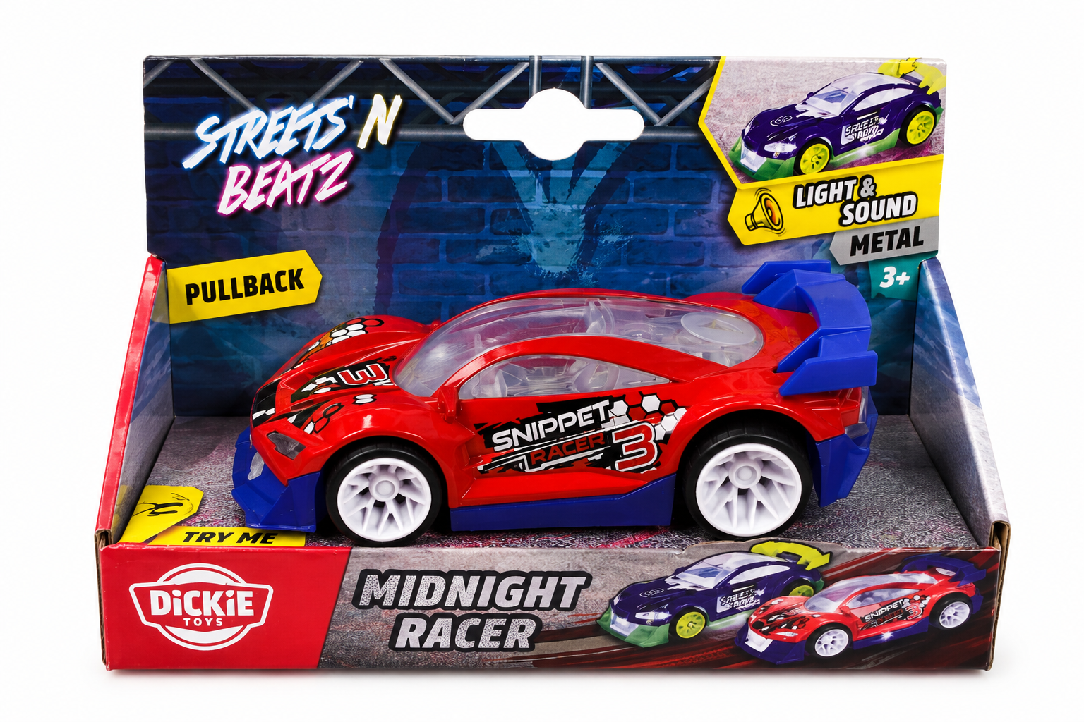 Dickie Toys Streets N Beatz Midnight Racer Snippet Racer – Pull Back Metal Car with Light & Sound (3+)(red)