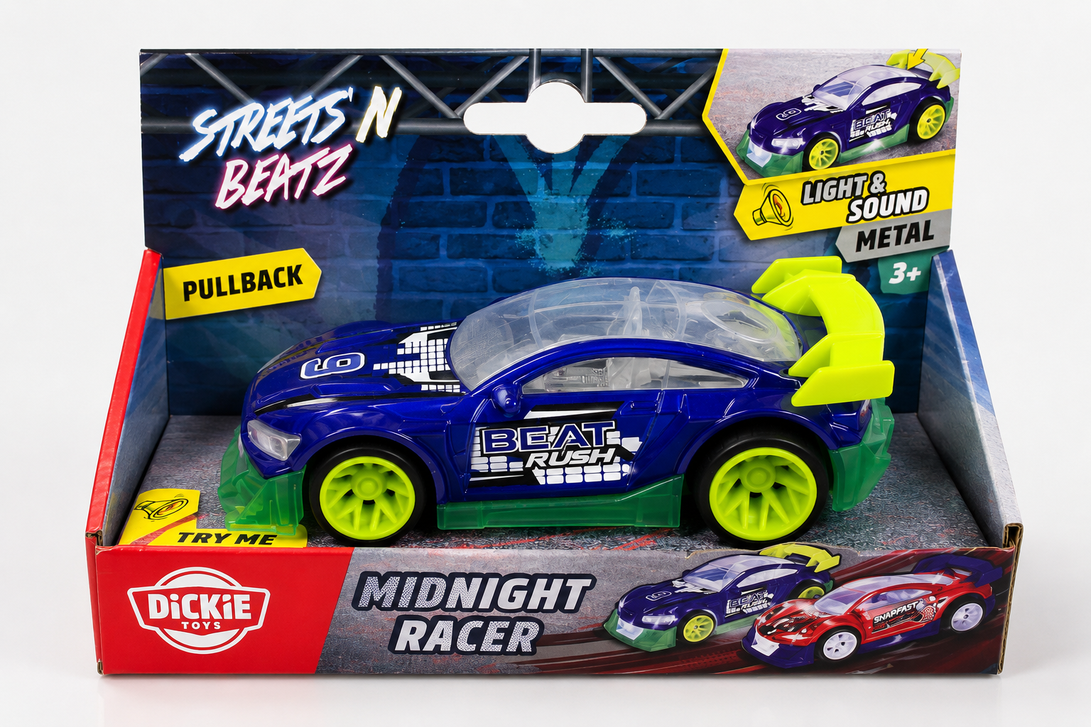 Dickie Toys Streets N Beatz Midnight Racer – Pull Back Metal Car with Light & Sound (3+) (blue)