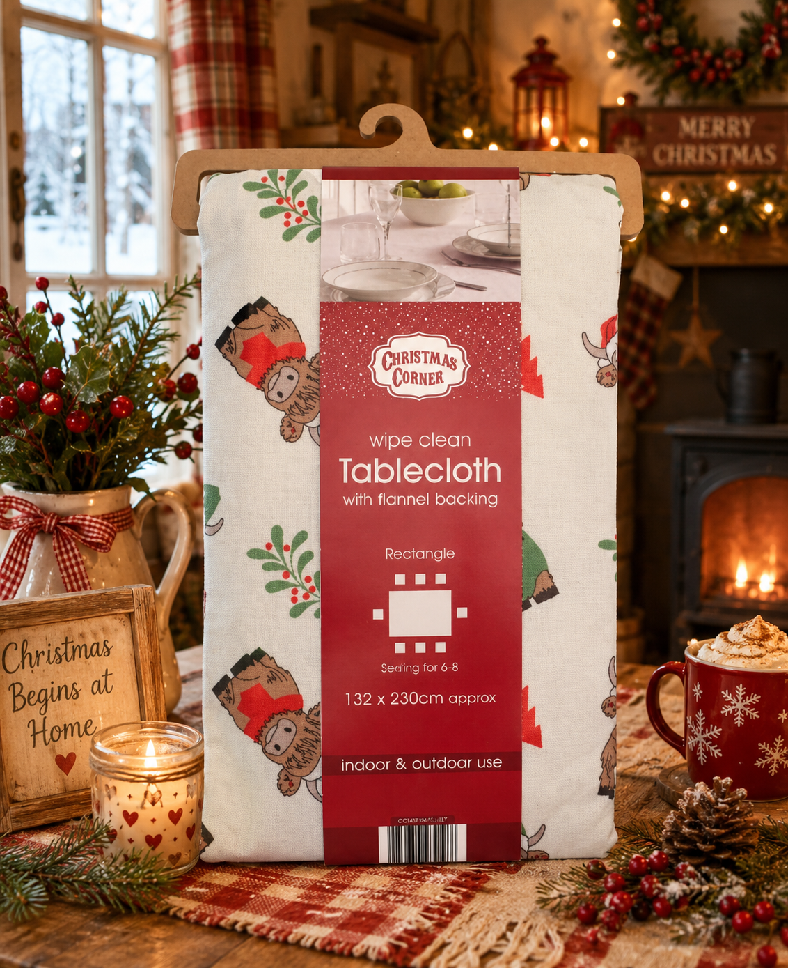 Large Christmas Kisses Highland Cow Wipe Clean Tablecloth – 132 x 230cm